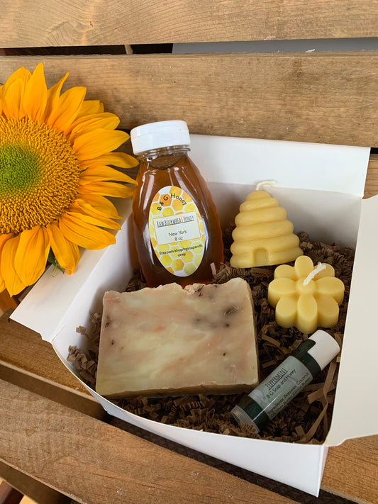 Gift Box- Gift Package- 8oz Raw Wildflower Honey bear, lip balm, beeswax candle, bar soap- Gift Set