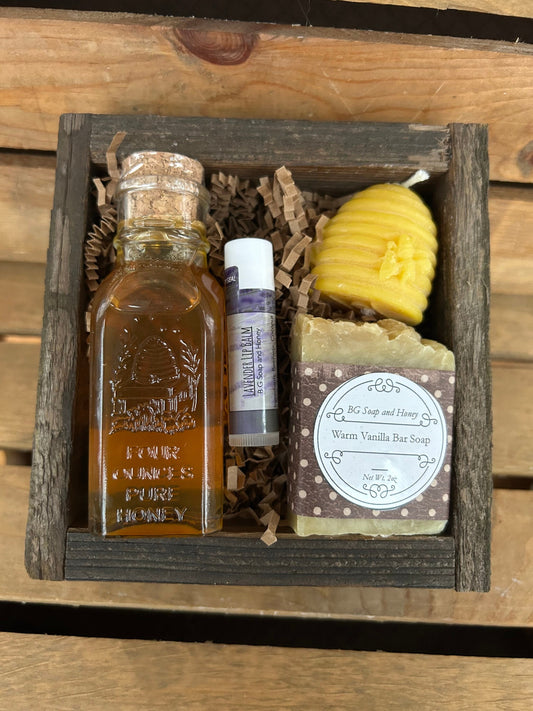 Gift Box Set - 4oz Raw Wildflower Honey Muth - Beeswax Beehive Candle - Warm Vanilla Soap- Beeswax Lip Balm