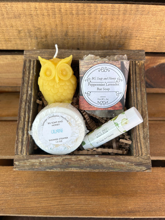 Small Wooden Gift Box Set - 2 oz Peppermint Lavender Mini Beeswax Soap Bar - Beeswax Lip Balm - Shower Steamer - Beeswax Owl Candle